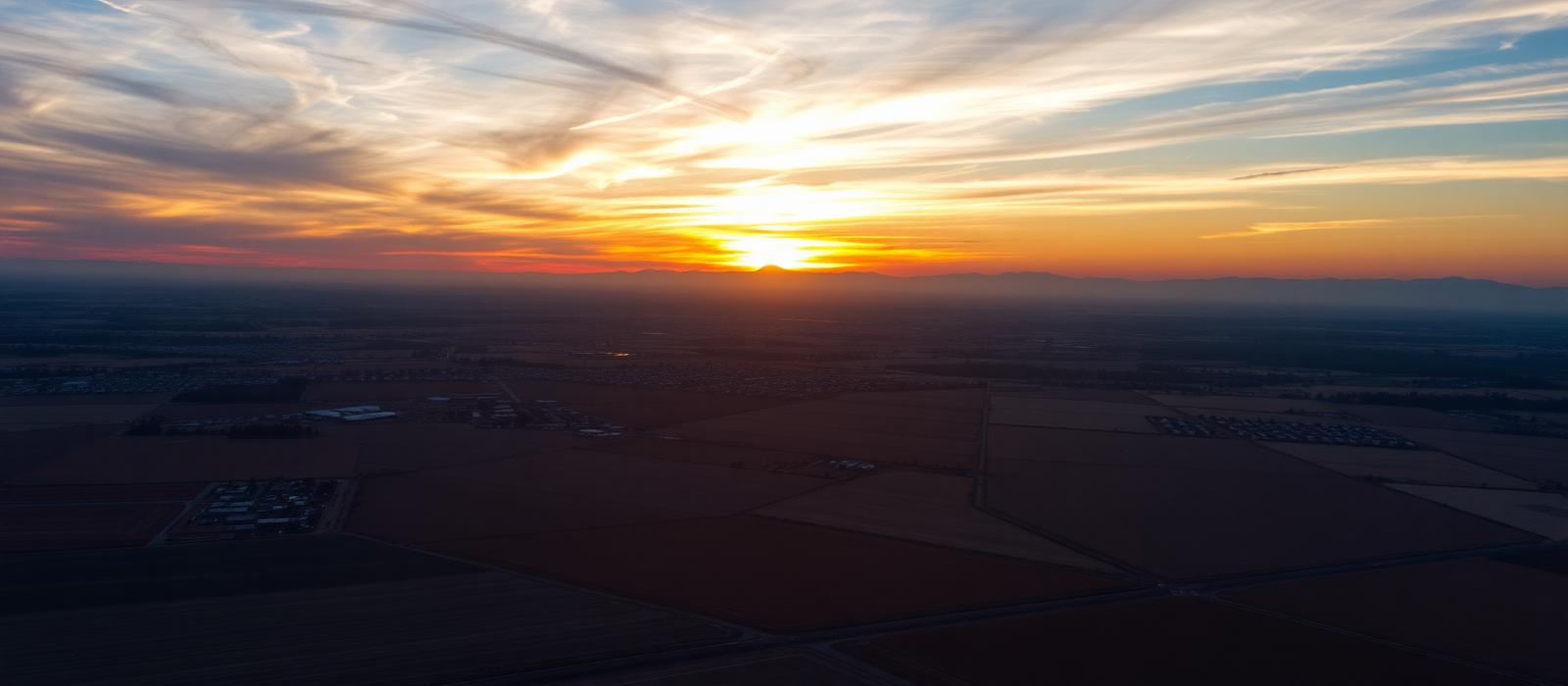 Aerial view of Sanger, California at sunset